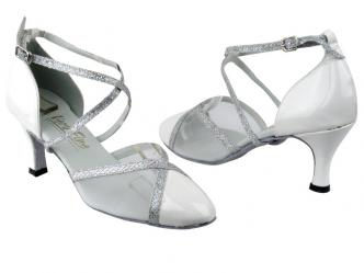 Dance shoes ladies white patent & silver sparklenet trim & white mesh   